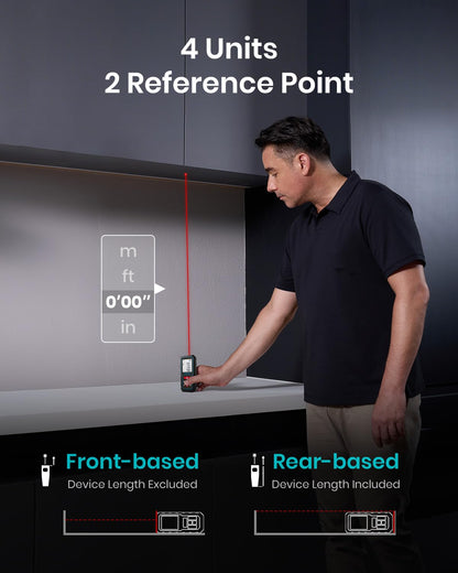 MILESEEY Laser Measure showing 4 measurement units and 2 reference points with front and rear-based measurement modes for diverse operational needs