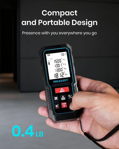 MILESEEY Laser Measure compact and portable design showing the device weighing 0.4 lb held in hand for easy everyday carry