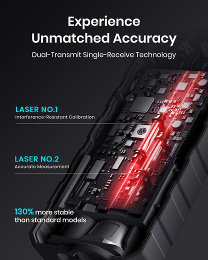 MILESEEY Laser Measure dual-transmit single-receive technology showing internal dual laser structure and 130% higher stability than standard models