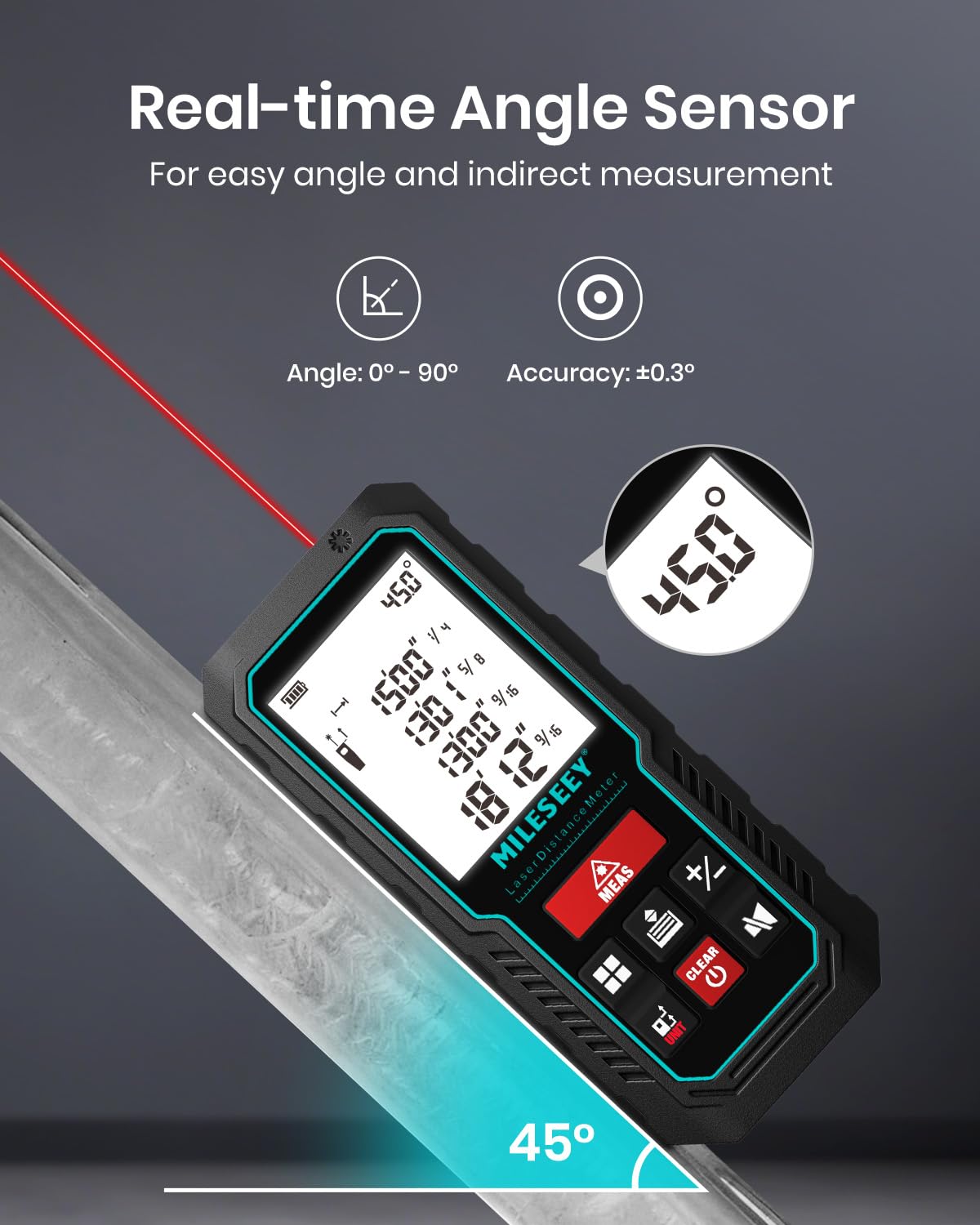 MILESEEY Laser Measure showing real-time angle sensor function for easy angle and indirect measurement with 0 to 90 degree range