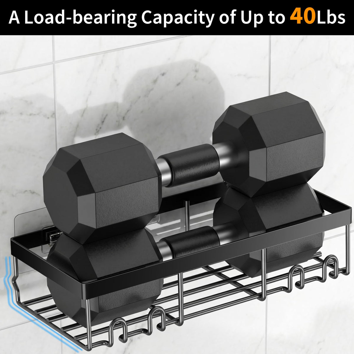 Moforoco black shower caddy demonstrating a strong 40 lbs load-bearing capacity with heavy dumbbells