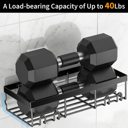 Moforoco black shower caddy demonstrating a strong 40 lbs load-bearing capacity with heavy dumbbells