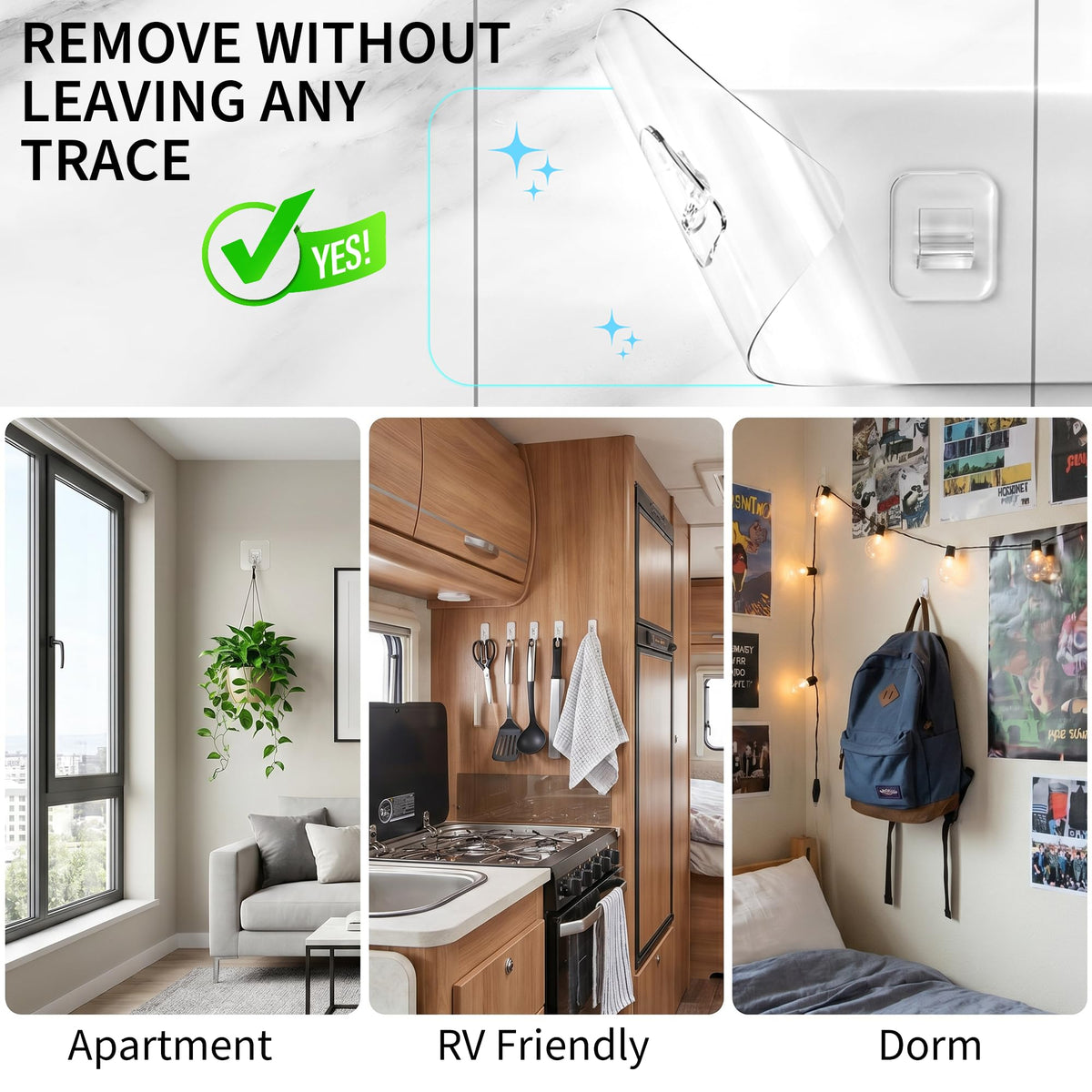 Moforoco black shower caddy shown in multiple scenarios including bathroom, RV, and dorm room organization