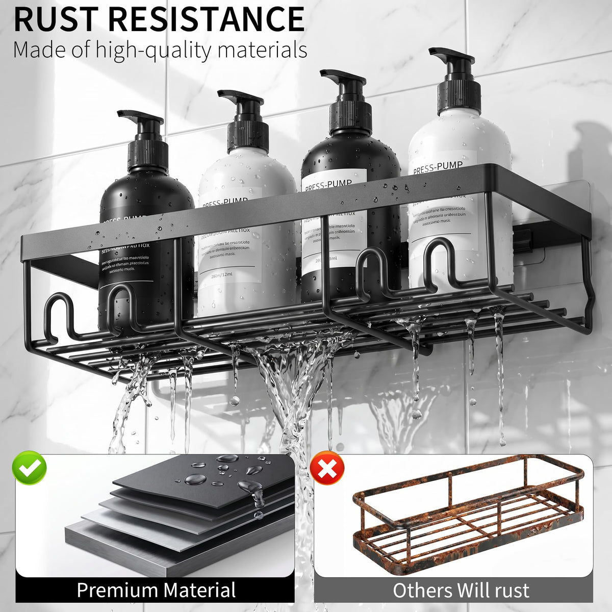 Moforoco black shower caddy highlighting high-quality rust resistance and premium layered materials compared to rusting alternatives