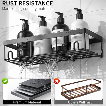 Moforoco black shower caddy highlighting high-quality rust resistance and premium layered materials compared to rusting alternatives