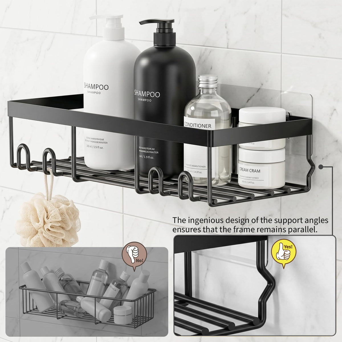 Moforoco black shower caddy showing the ingenious design of support angles that keep the frame parallel