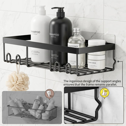 Moforoco black shower caddy showing the ingenious design of support angles that keep the frame parallel