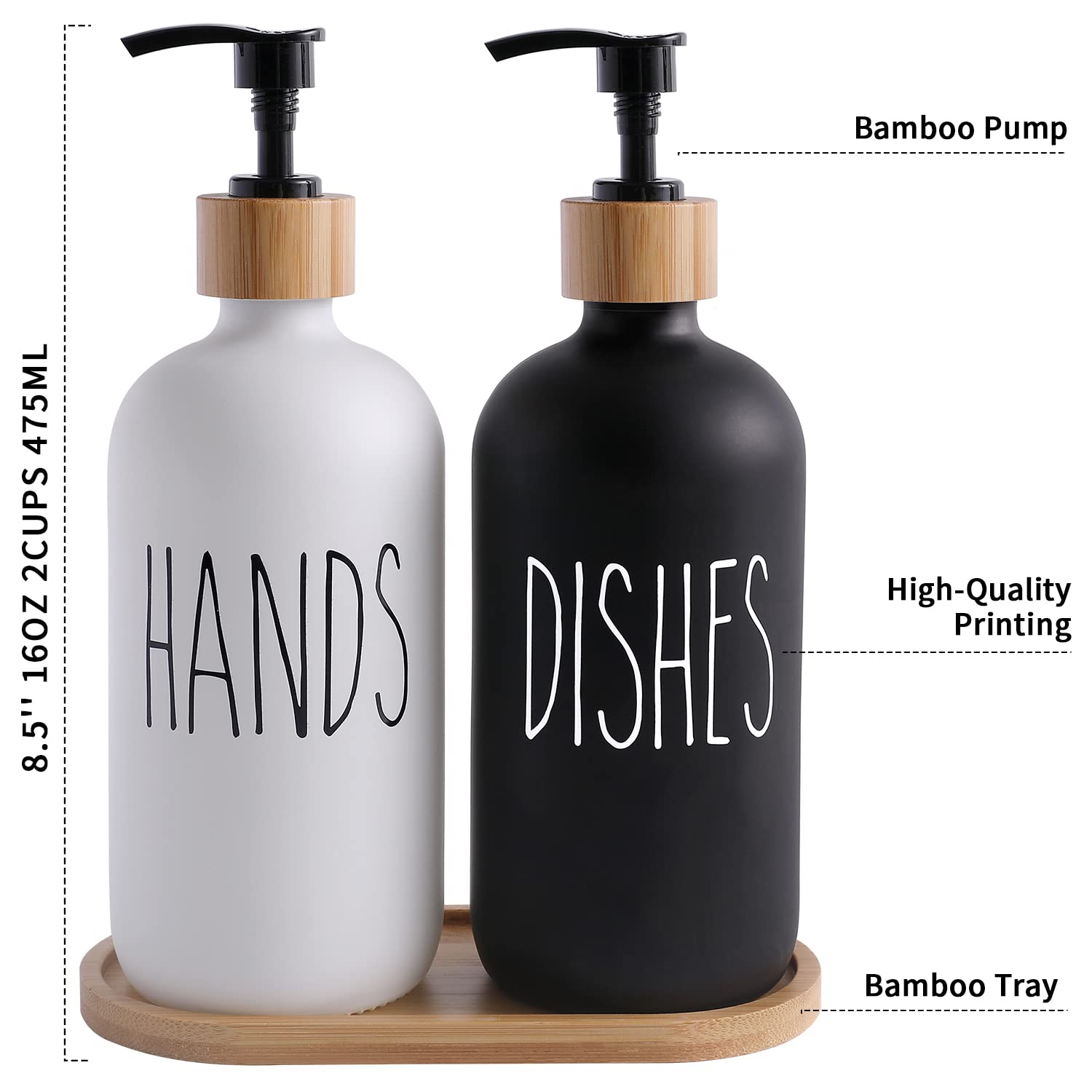 OMEEMO glass soap dispenser set showing bamboo pump, 16oz capacity, high-quality printing, and bamboo tray dimensions.