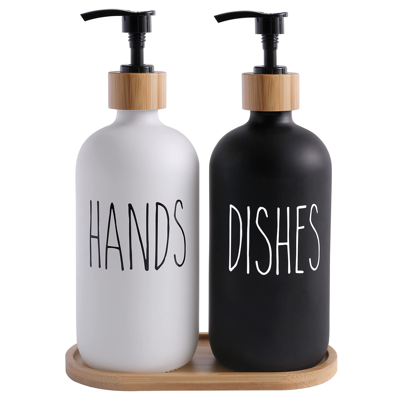 MOMEEMO Glass Soap Dispenser Set with Black and White bottles and bamboo tray