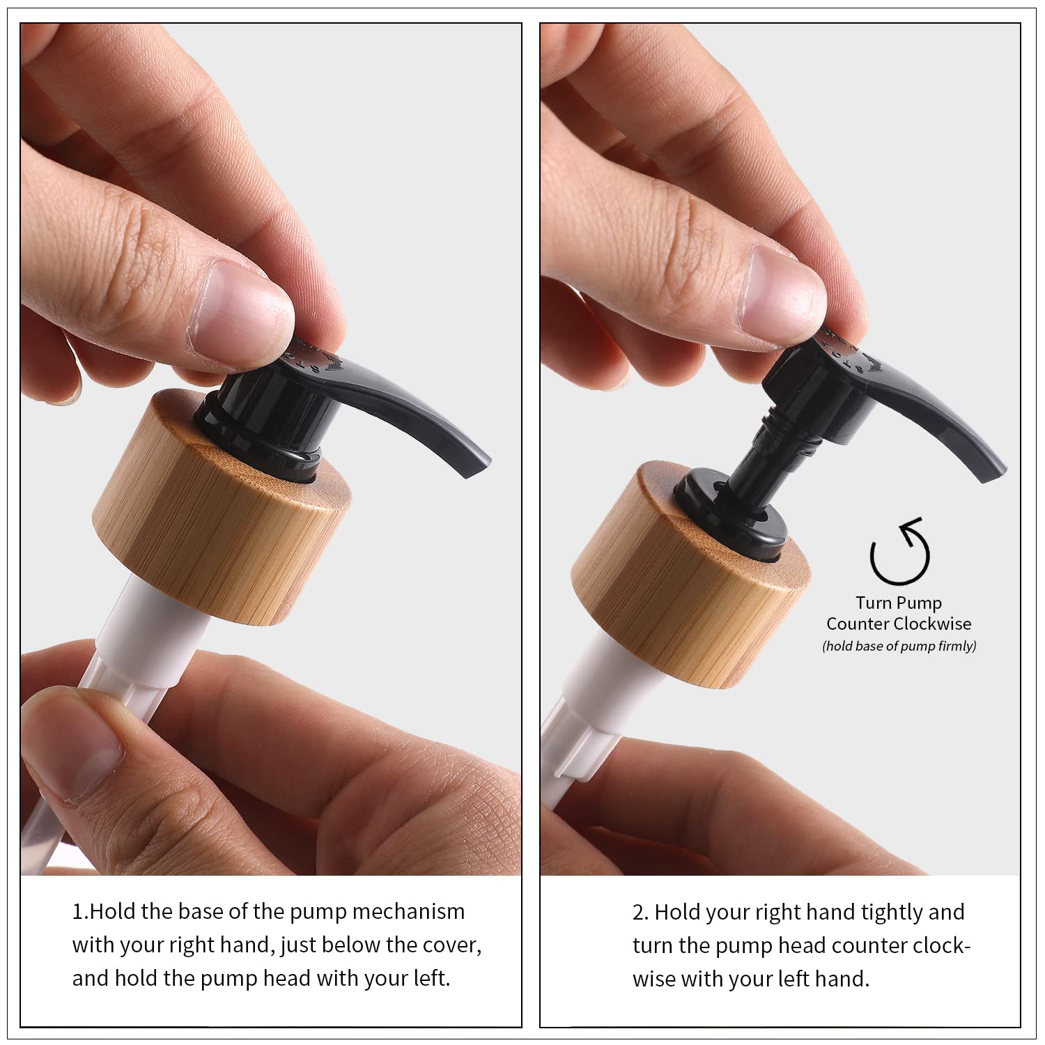 Instructions on how to use a pump mechanism with wooden top and black pump head.