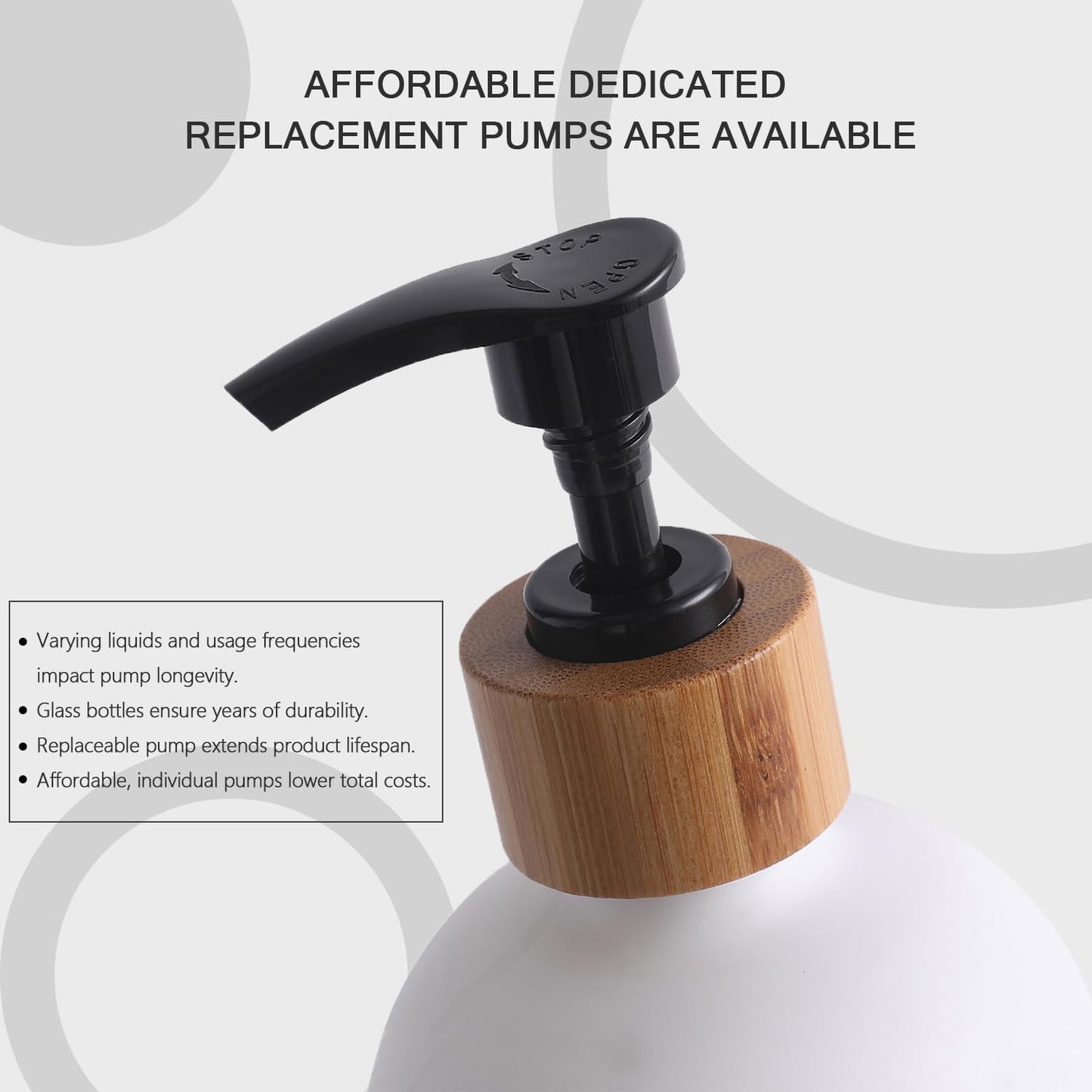 White bottle with black pump and wooden cap on a light gray background