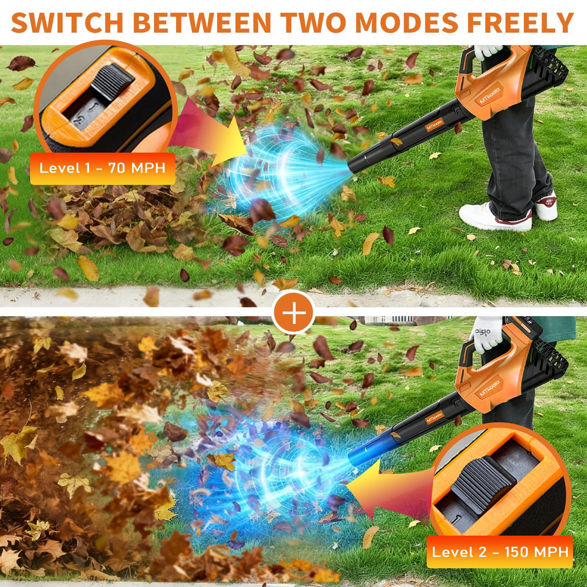Leaf blower in use with text indicating speed modes on a grassy background.