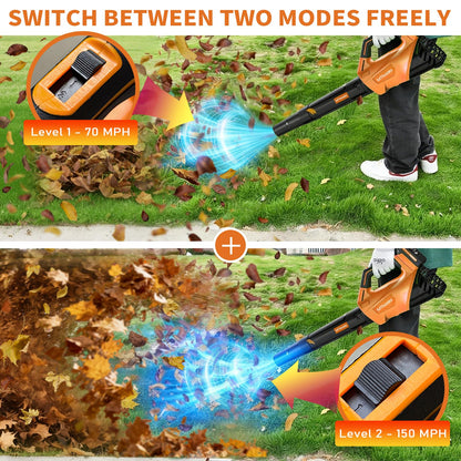 Leaf blower in use with text indicating speed modes on a grassy background.