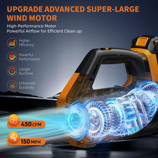 High-performance cleaning tool with advanced super-large wind motor, featuring text and graphics on a dark background.