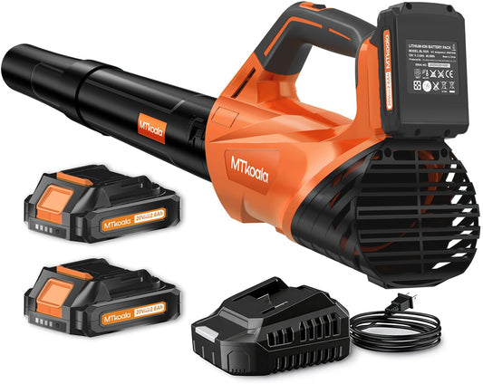 Orange and black cordless leaf blower with batteries and charger on a white background