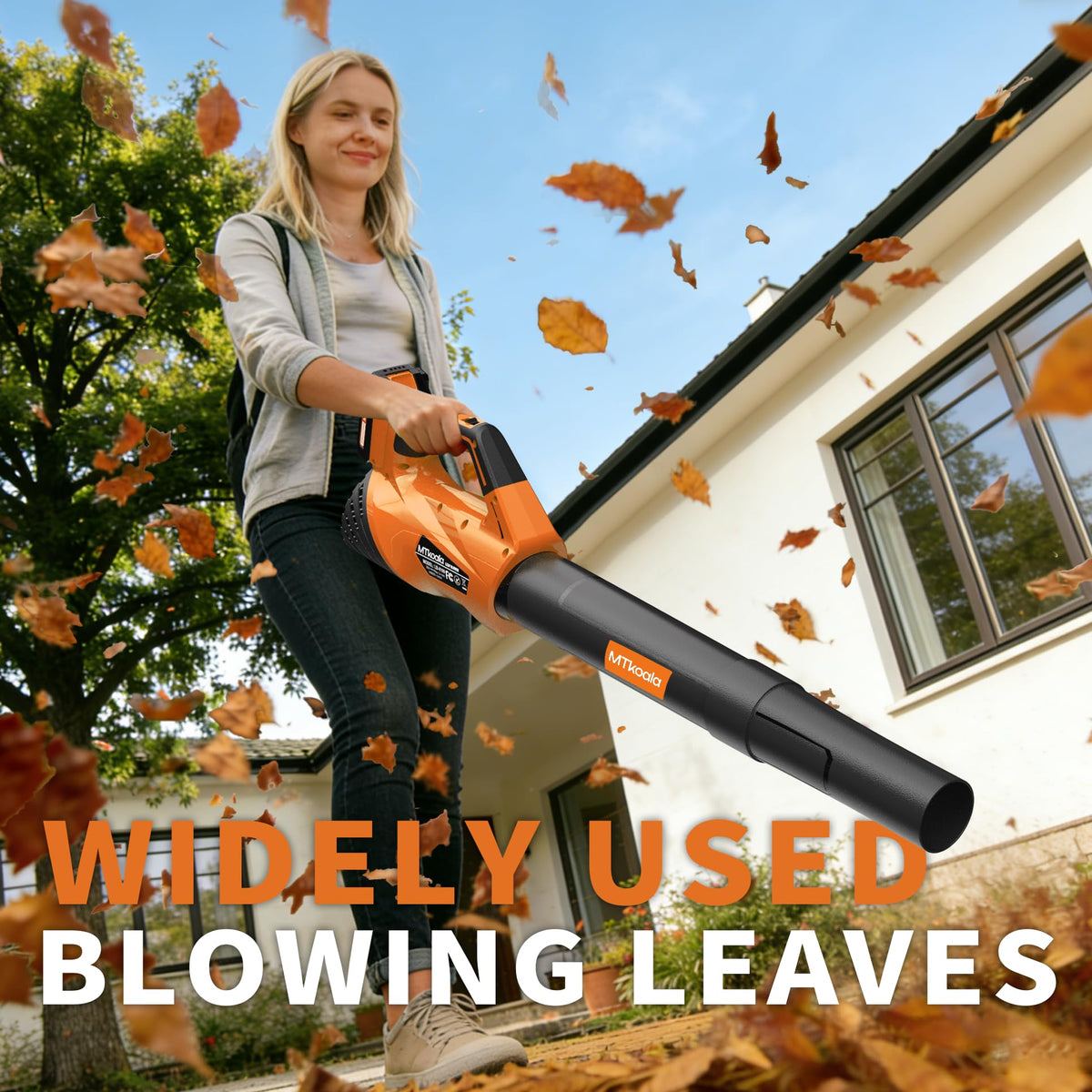 Person using a leaf blower to clear leaves from a roof with text 'Widely Used Blowing Leaves'.