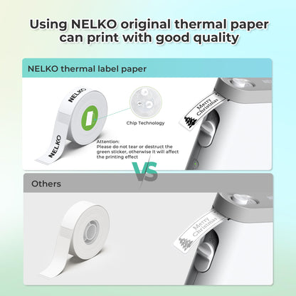 Comparison showing high-quality print output using official Nelko thermal label paper with chip technology vs generic paper