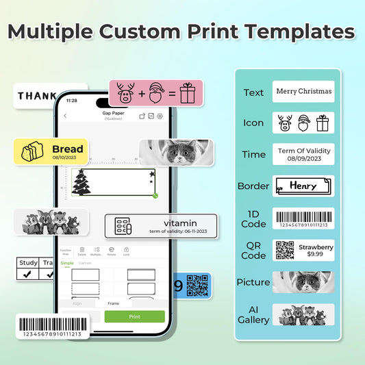 Nelko P21 label maker smartphone app showing custom print templates, fonts, icons, barcodes, and QR codes
