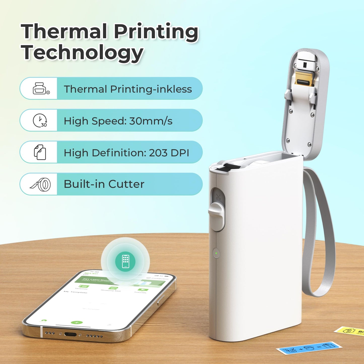 Nelko P21 thermal label printer with open lid showing built-in cutter, 30mm/s high speed printing, and smartphone connectivity