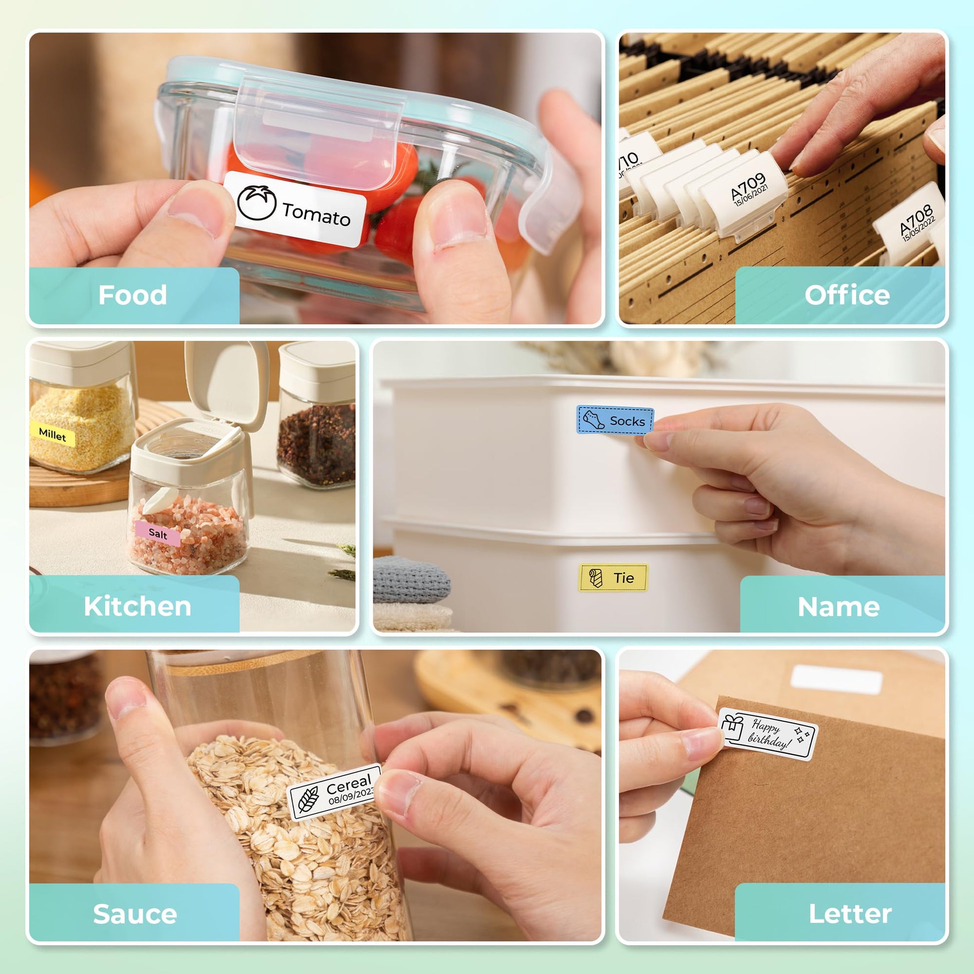 Nelko P21 label maker custom labels used for food containers, office files, kitchen storage, name tags, and envelopes