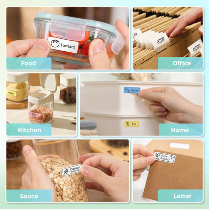 Nelko P21 label maker custom labels used for food containers, office files, kitchen storage, name tags, and envelopes