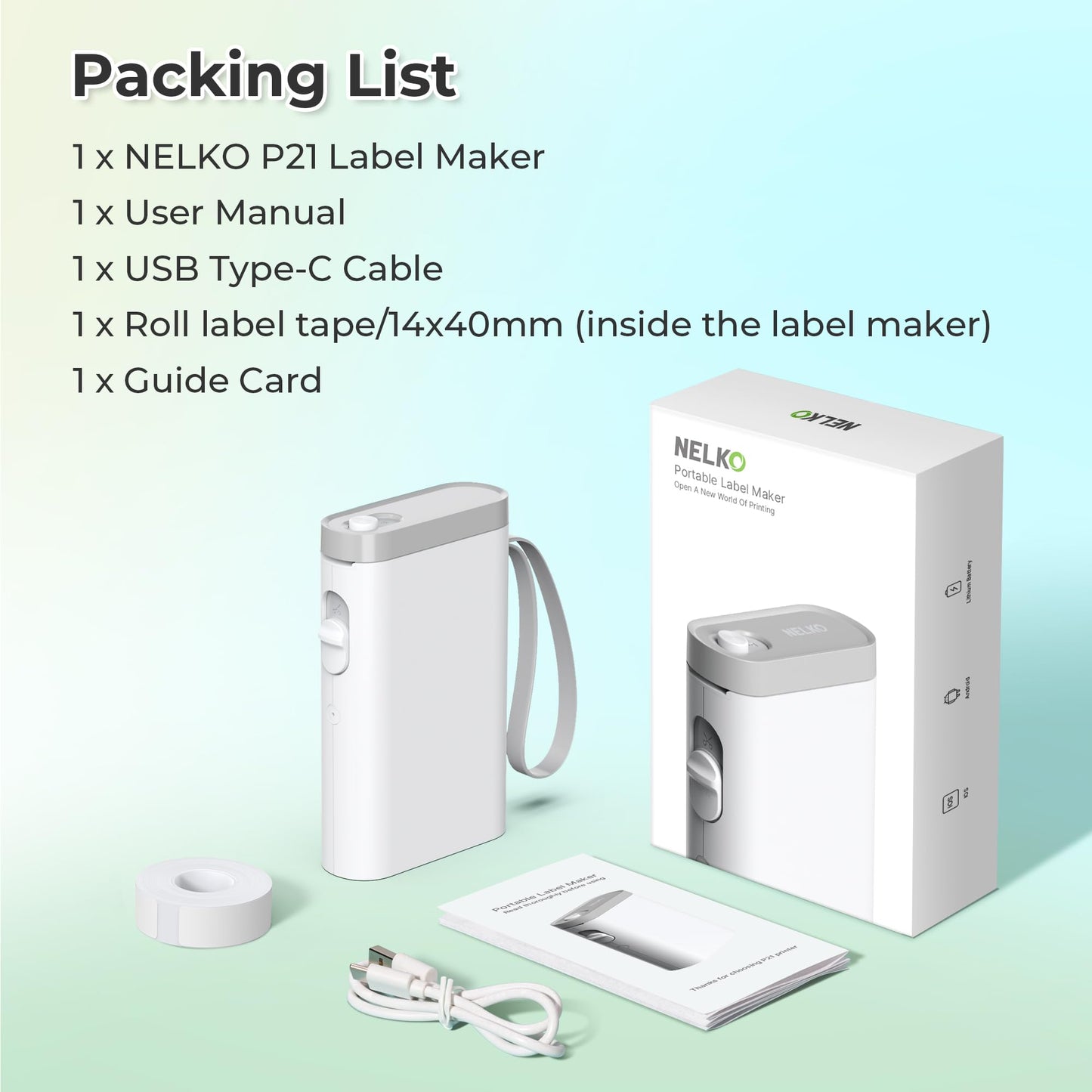 Nelko P21 label maker package contents including label printer, packaging box, user manual, USB Type-C cable, and label tape roll
