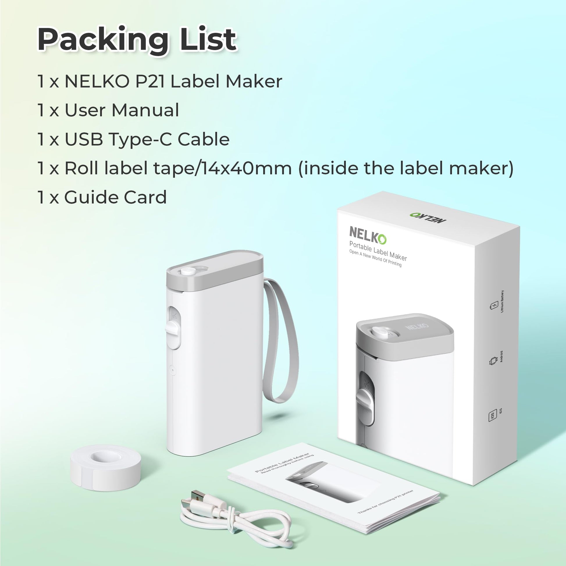 Nelko P21 label maker package contents including label printer, packaging box, user manual, USB Type-C cable, and label tape roll