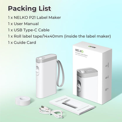 Nelko P21 label maker package contents including label printer, packaging box, user manual, USB Type-C cable, and label tape roll