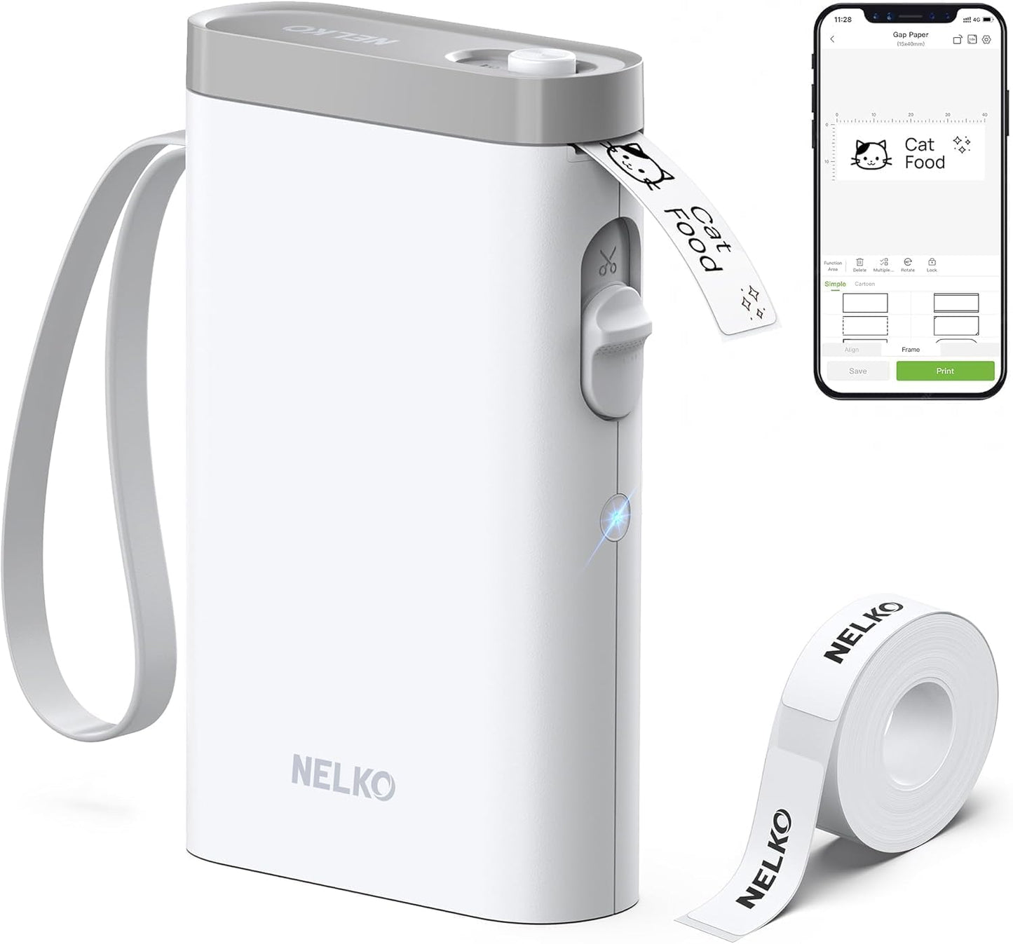 Nelko P21 portable white Bluetooth label maker with tape roll and smartphone app interface