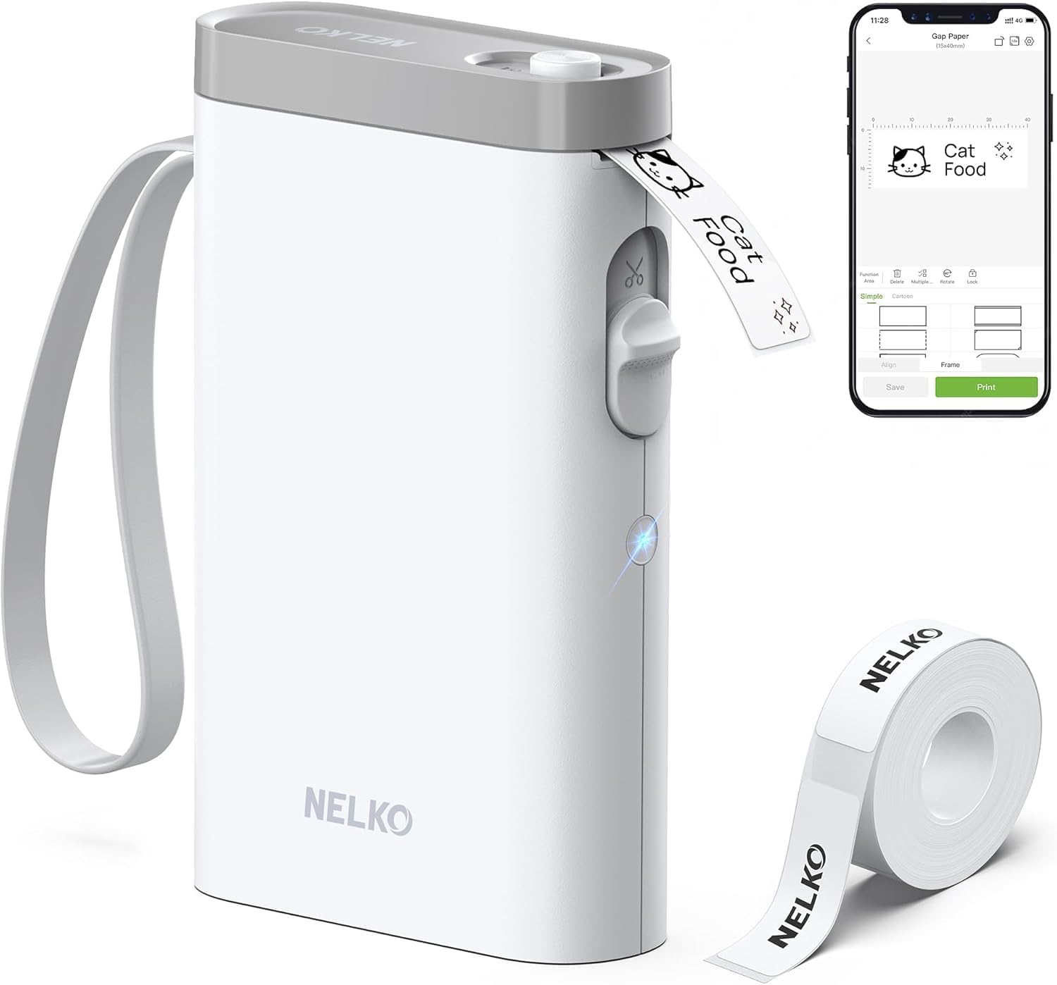 Nelko P21 portable white Bluetooth label maker with tape roll and smartphone app interface