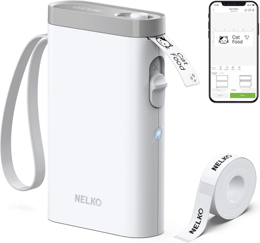 Nelko P21 portable white Bluetooth label maker with tape roll and smartphone app interface