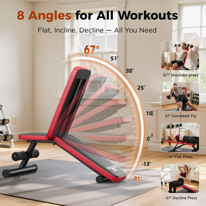 NICEPEOPLE Adjustable Weight Bench showing 8 backrest angles from decline to incline for comprehensive home workouts