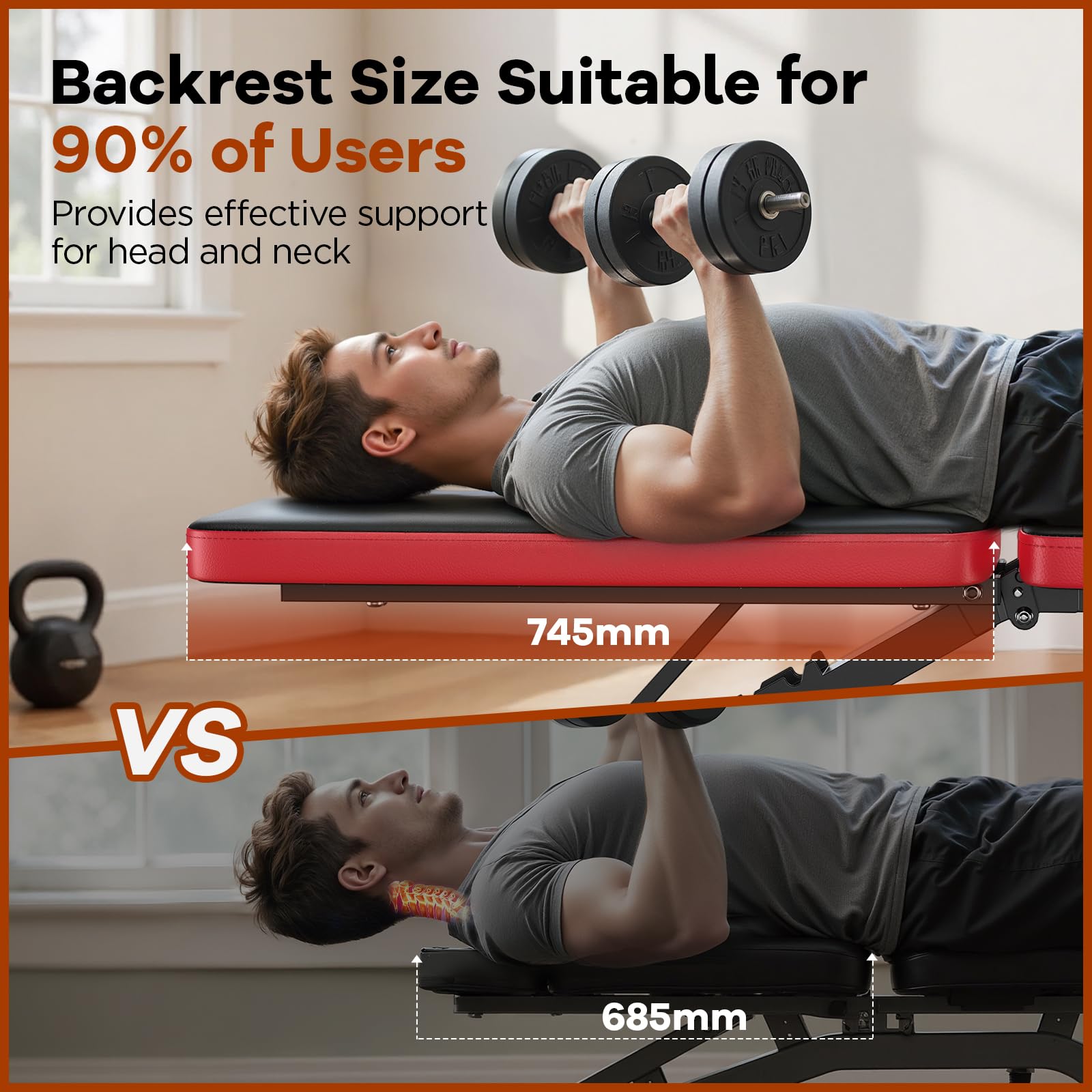 NICEPEOPLE Adjustable Weight Bench showing backrest size suitable for 90% of users with effective head and neck support