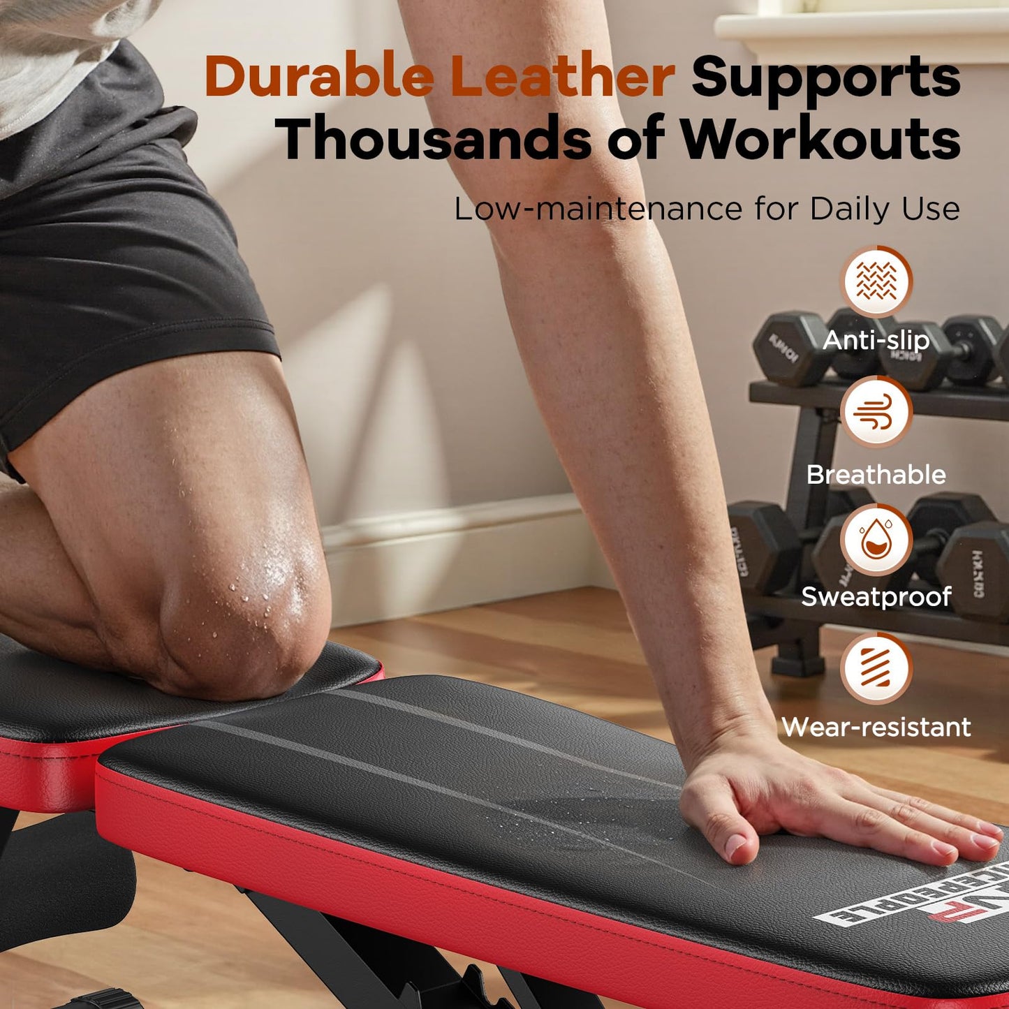 NICEPEOPLE Foldable Adjustable Weight Bench showing durable, anti-slip, breathable, sweat-proof, and wear-resistant leather support for thousands of workouts