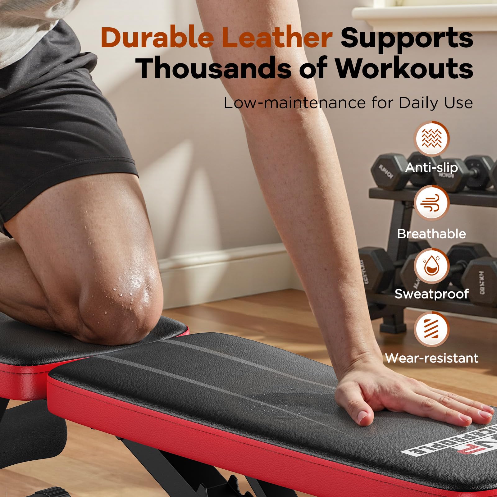 NICEPEOPLE Foldable Adjustable Weight Bench showing durable, anti-slip, breathable, sweat-proof, and wear-resistant leather support for thousands of workouts