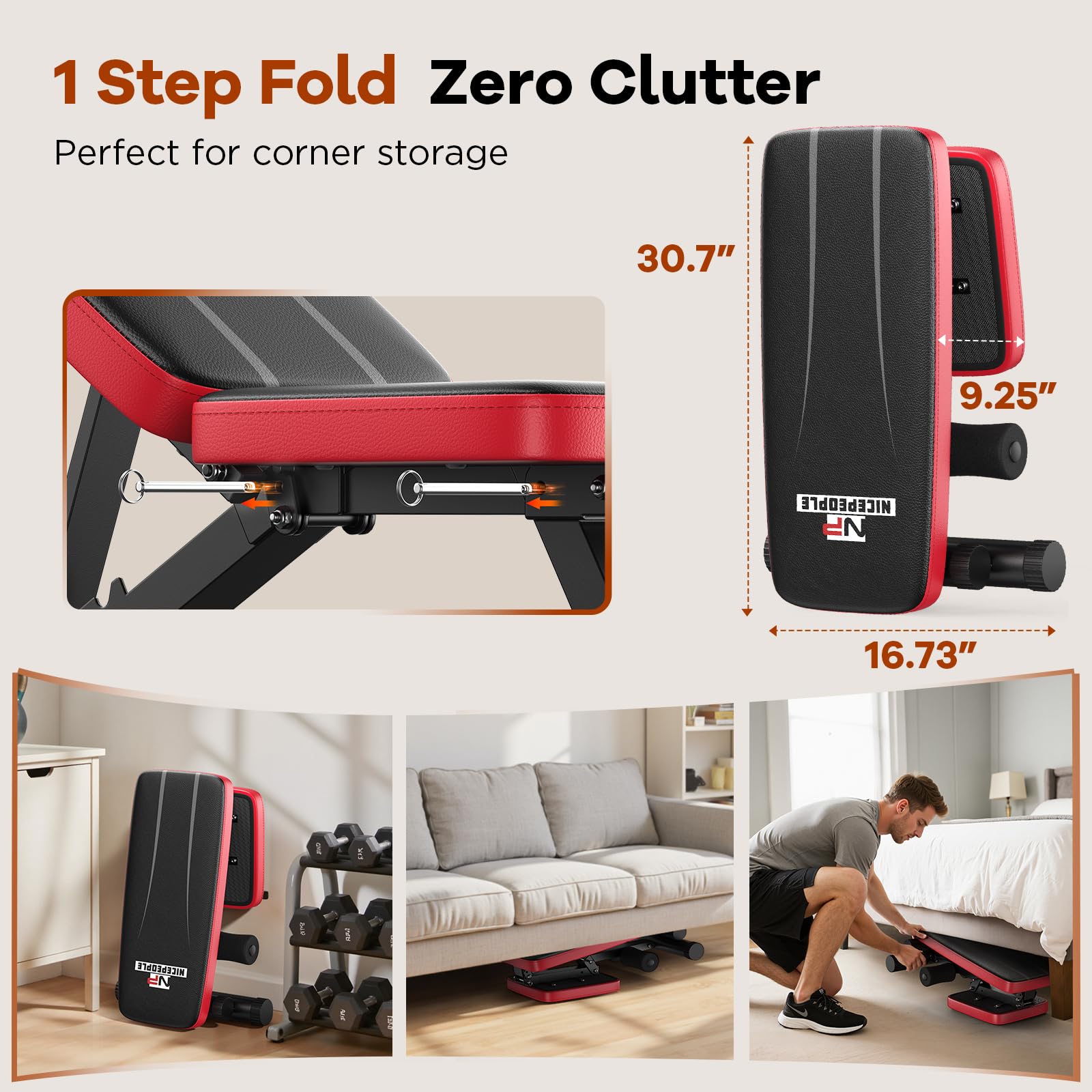 NICEPEOPLE Foldable Adjustable Weight Bench showing 1 step folding and compact corner storage dimensions