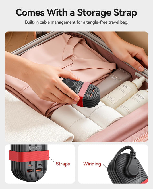 ORICO compact charging station 22.5W on a hotel bedside table charging phone and laptop