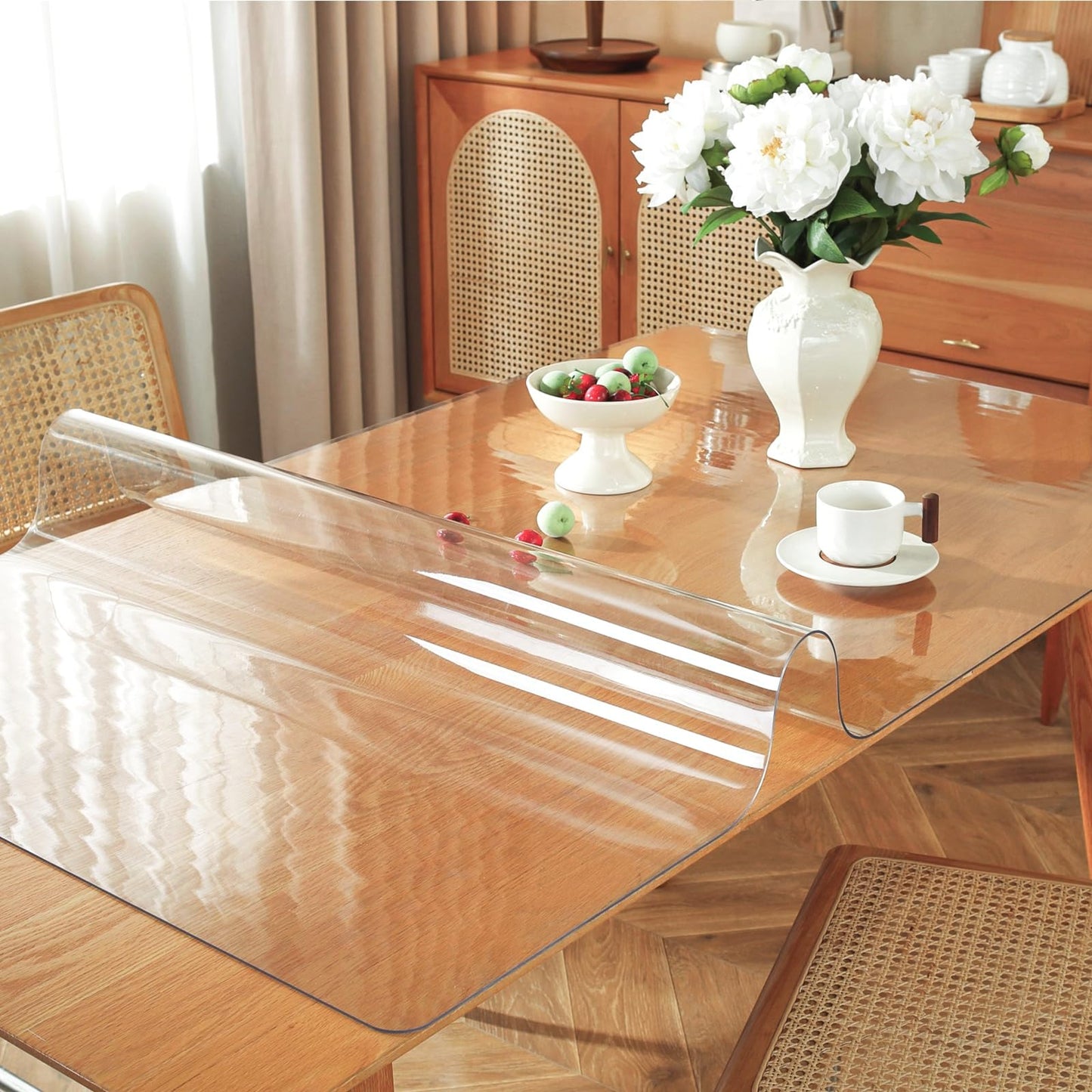 OstepDecor Clear Table Protector 30 x 72 Inch on Wooden Table, showing high transparency and protective features against spills and scratches for furniture.