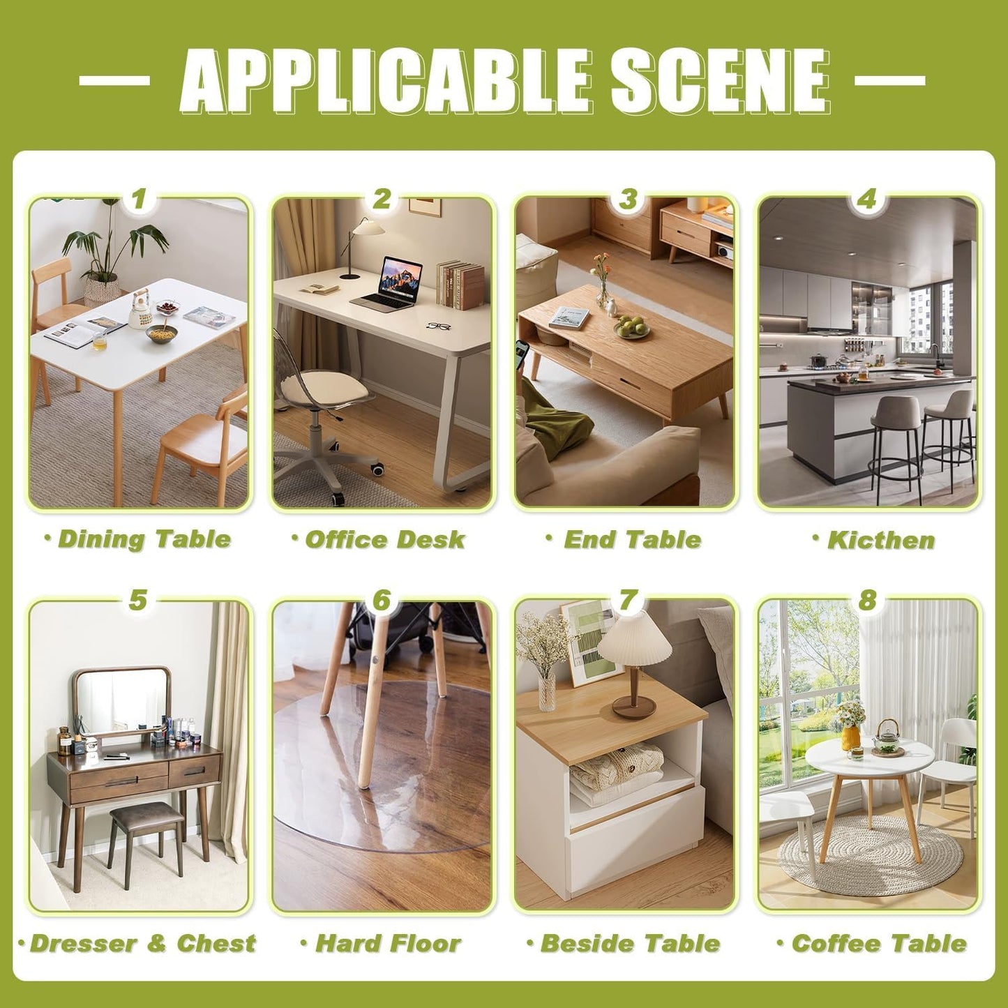 Applicable scene guide showing the OstepDecor clear table protector used across various surfaces including dining tables, office desks, end tables, kitchen counters, dressers, hard floors, bedside tables, and coffee tables.