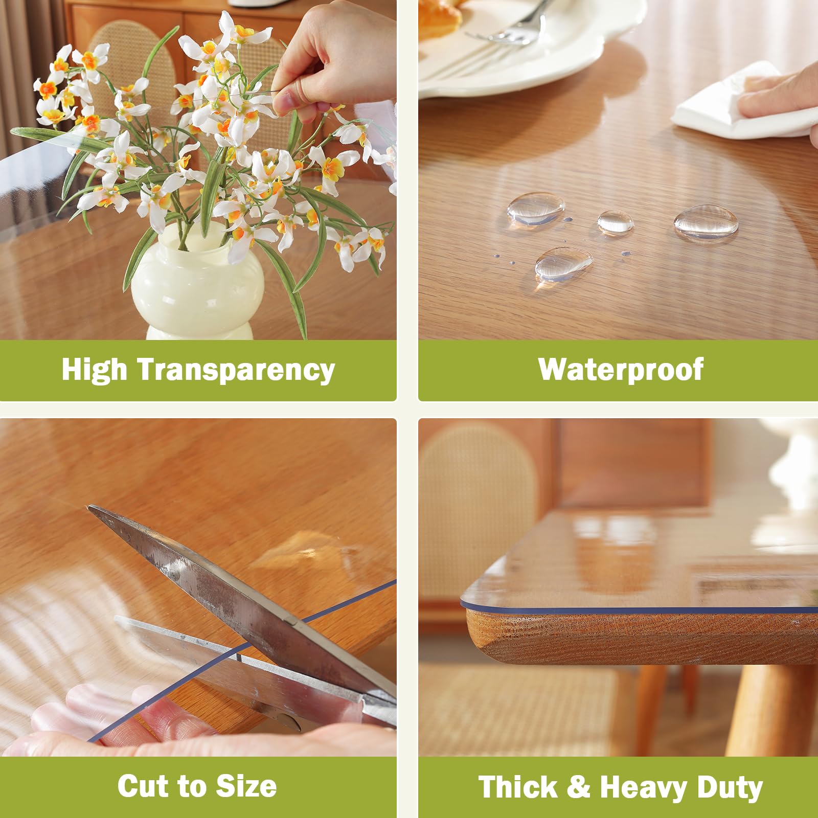Four-grid feature overview of the OstepDecor clear table protector highlighting high transparency, waterproof surface, customizable cut-to-size feature, and thick heavy-duty material.