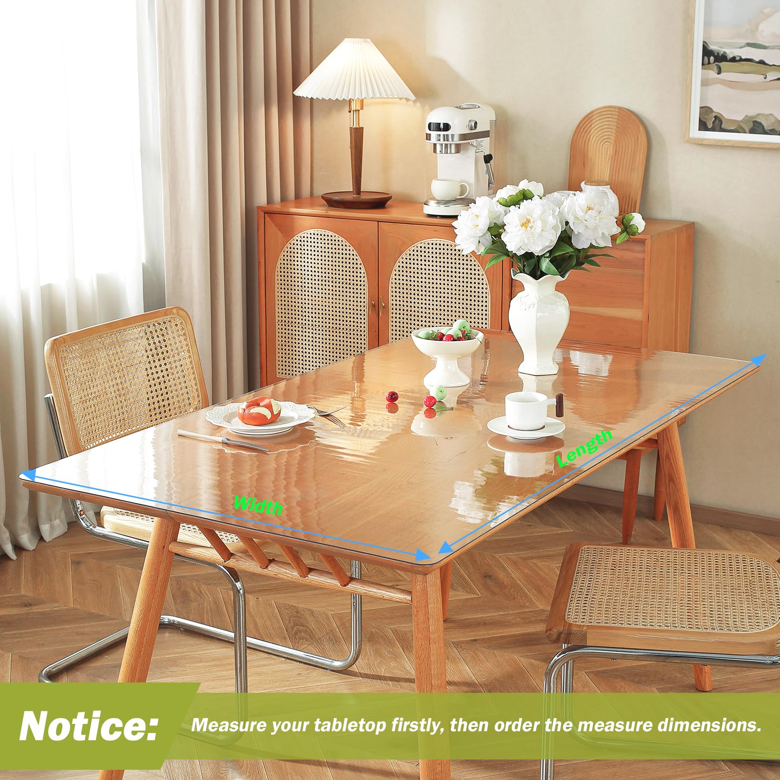 OstepDecor clear table protector laid on a dining table with measuring guide lines indicating length and width, showing a notice banner at the bottom that reads 'Measure your tabletop firstly, then order the measure dimensions'.