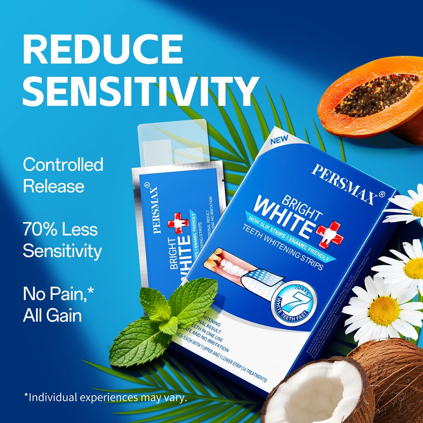 PERSMAX Teeth Whitening Strips Reduced Sensitivity Formula with Controlled Release for Pain-Free Whitening