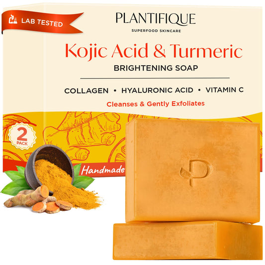 Kojic Acid & Turmeric Brightening Soap by Plantifique with packaging in the background.