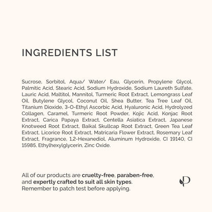 Plantifique Turmeric & Kojic Acid Soap full ingredients list including hyaluronic acid, collagen, vitamin c, and botanical extracts.