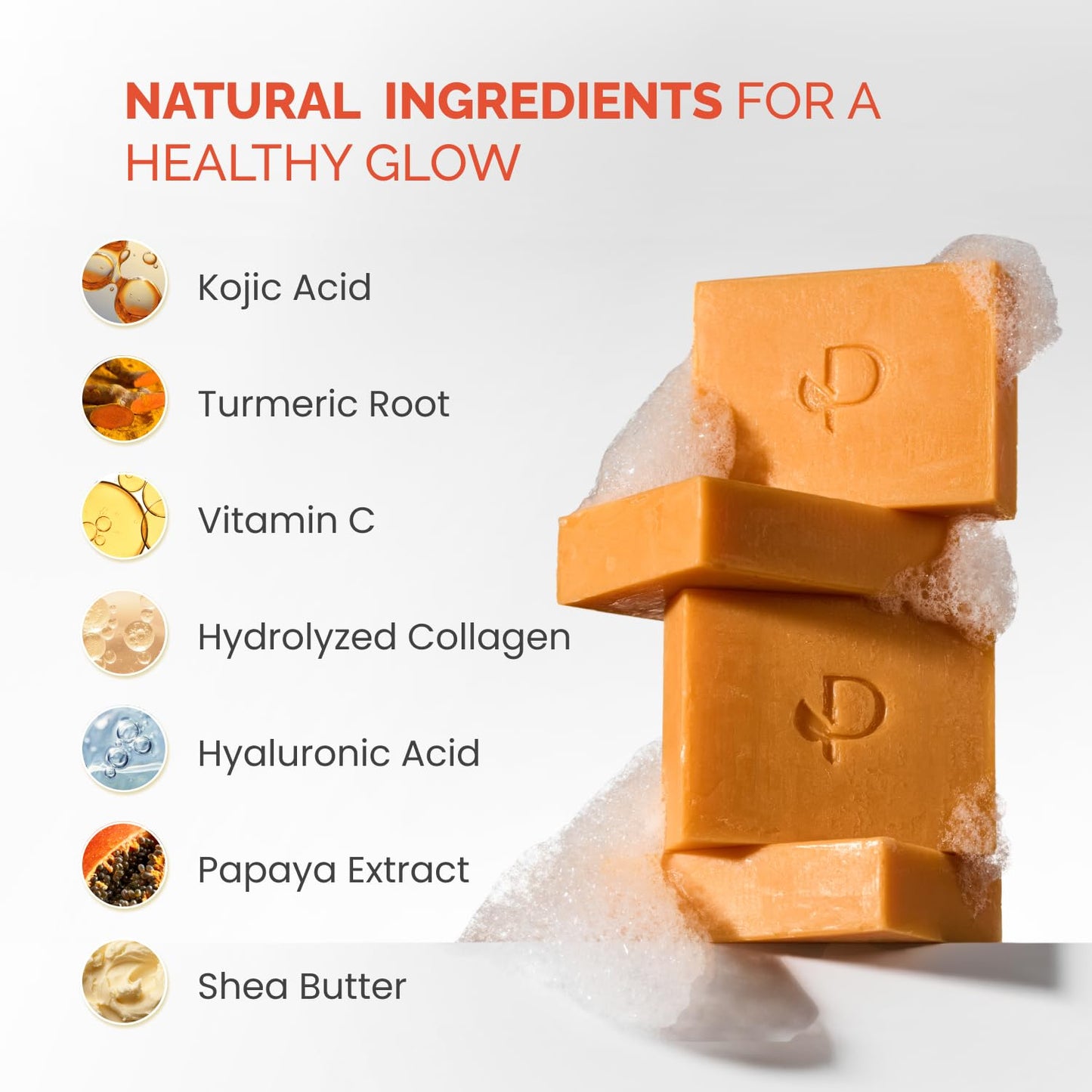 Two orange soap bars with natural ingredients listed on a white background