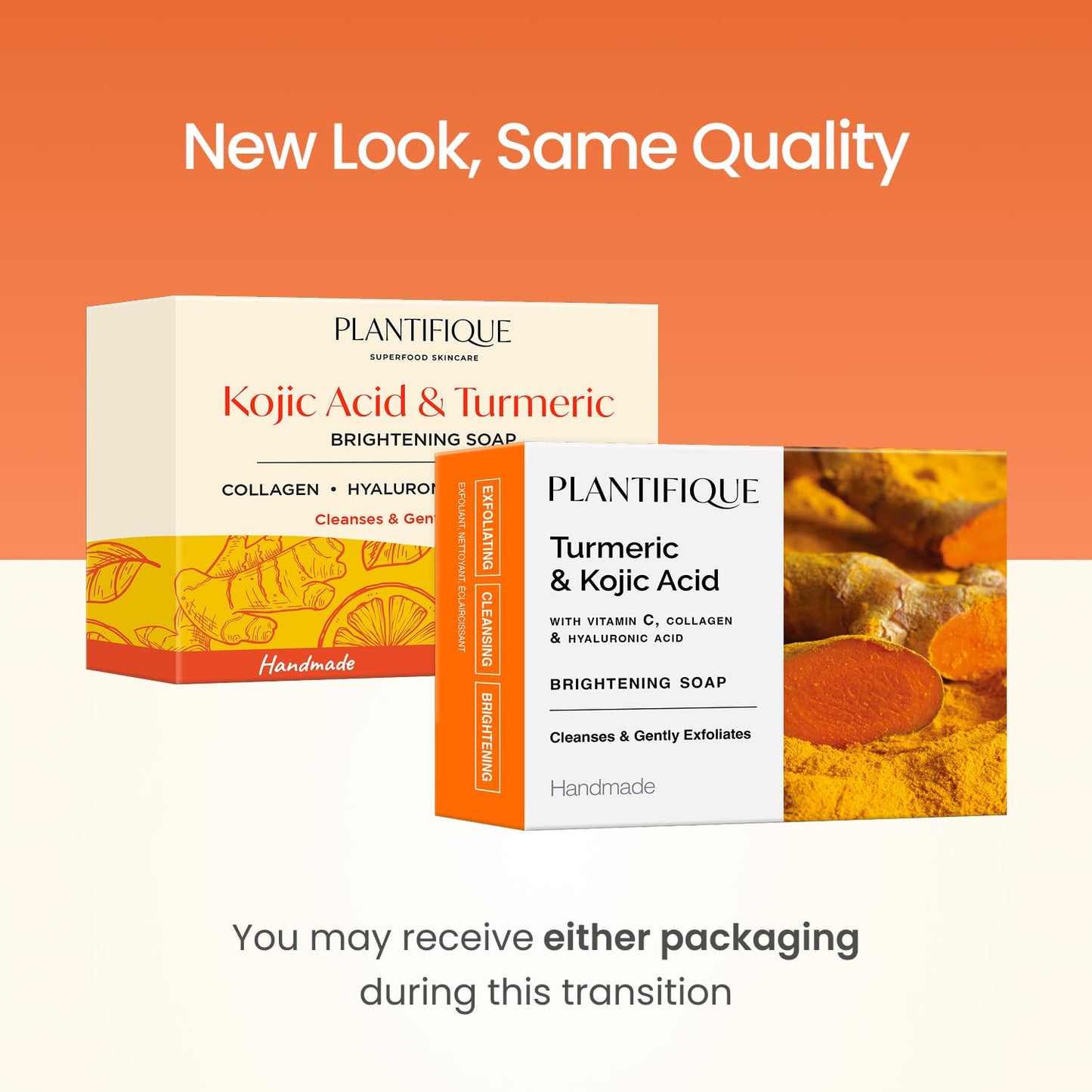 Plantifique Turmeric & Kojic Acid Soap packaging transition showing new look and same quality with box variations.