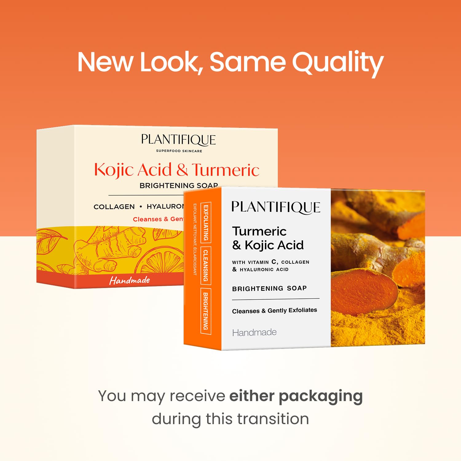 Plantifique Turmeric & Kojic Acid Soap packaging transition showing new look and same quality with box variations.