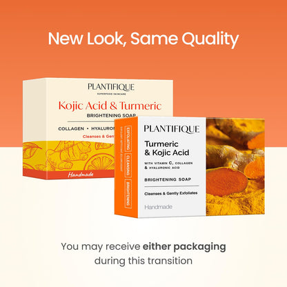 Plantifique Turmeric & Kojic Acid Soap packaging transition showing new look and same quality with box variations.