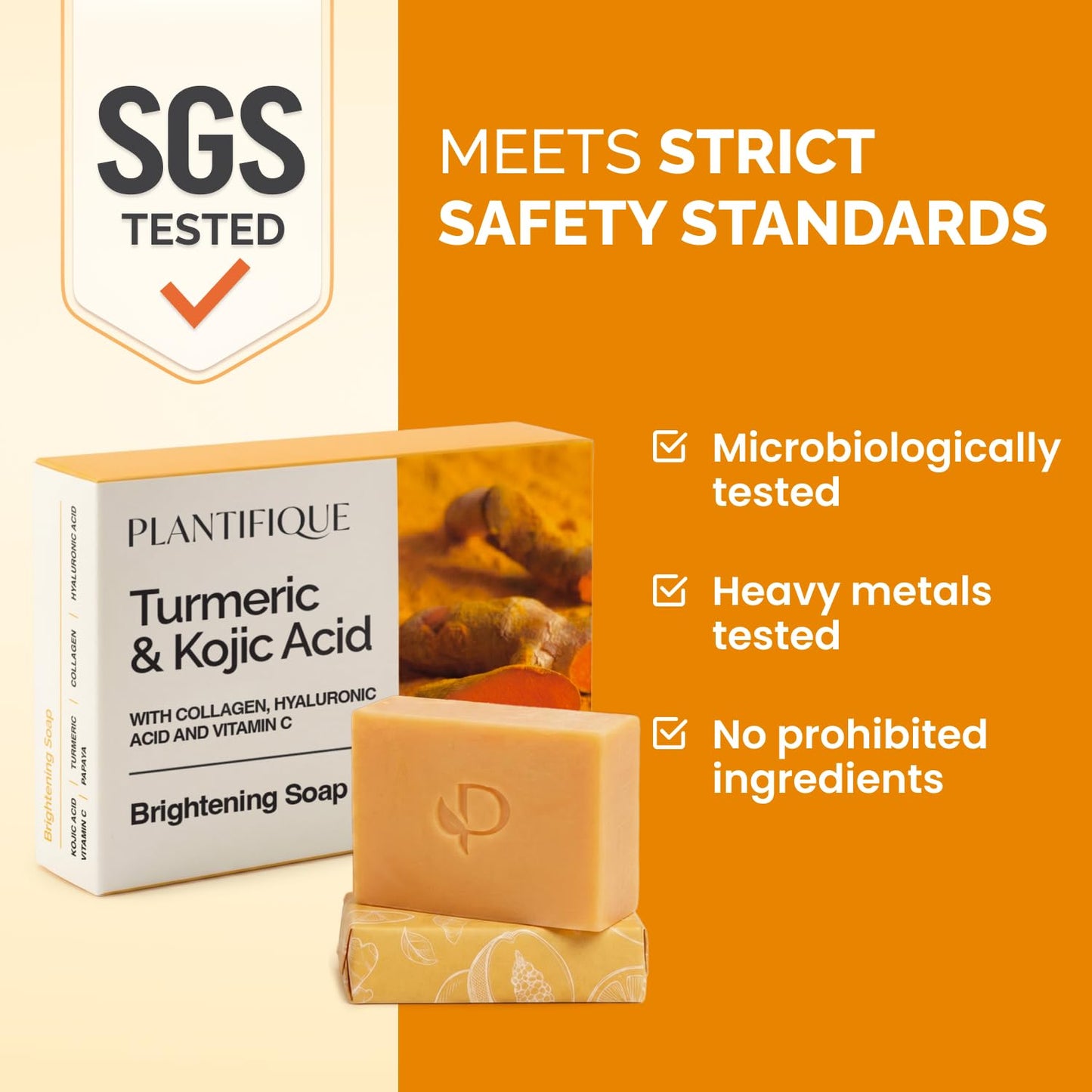 Plantifique Turmeric & Kojic Acid Soap SGS tested for strict safety standards, heavy metals, and microbiological quality.