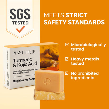 Plantifique Turmeric & Kojic Acid Soap SGS tested for strict safety standards, heavy metals, and microbiological quality.